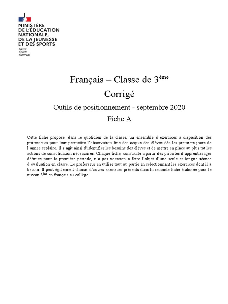 Sujet Brevet Français Dénoncer Les Travers De La Société Pdf Corrige Positionnement Francais 3e A 1315137 | PDF | Adjectif | Les  misérables