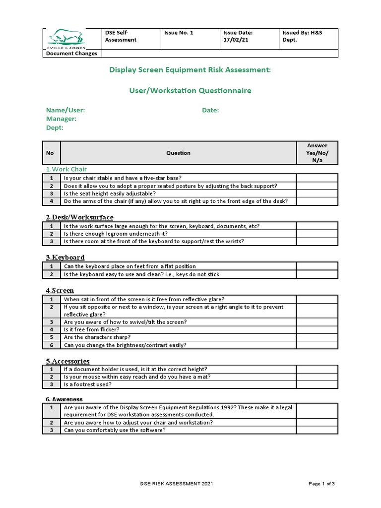 Display Screen Equipment Risk Assessment User/Workstation