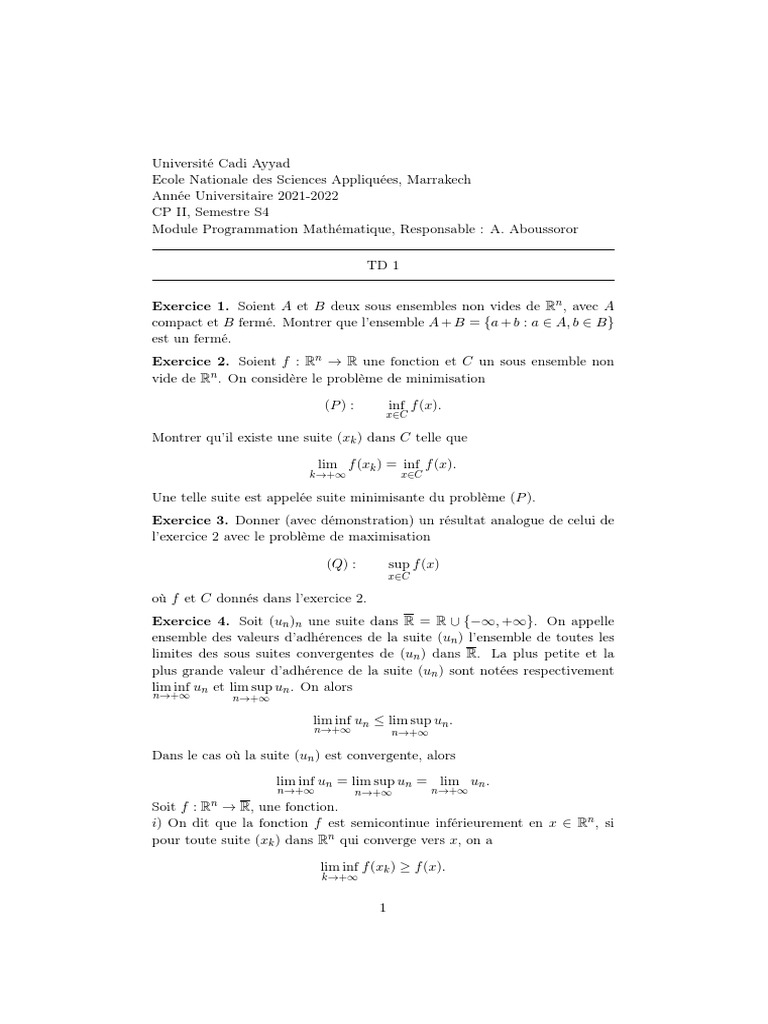 TD 1 Programmation Mathématique | PDF | Compacité (mathématiques ...