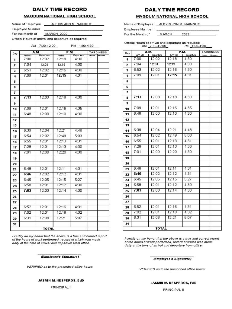 Daily Time Record Daily Time Record Magdum National High School Magdum