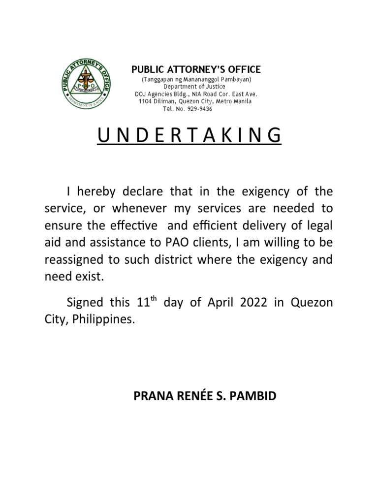 Undertaking Exigency of Service | PDF | Law