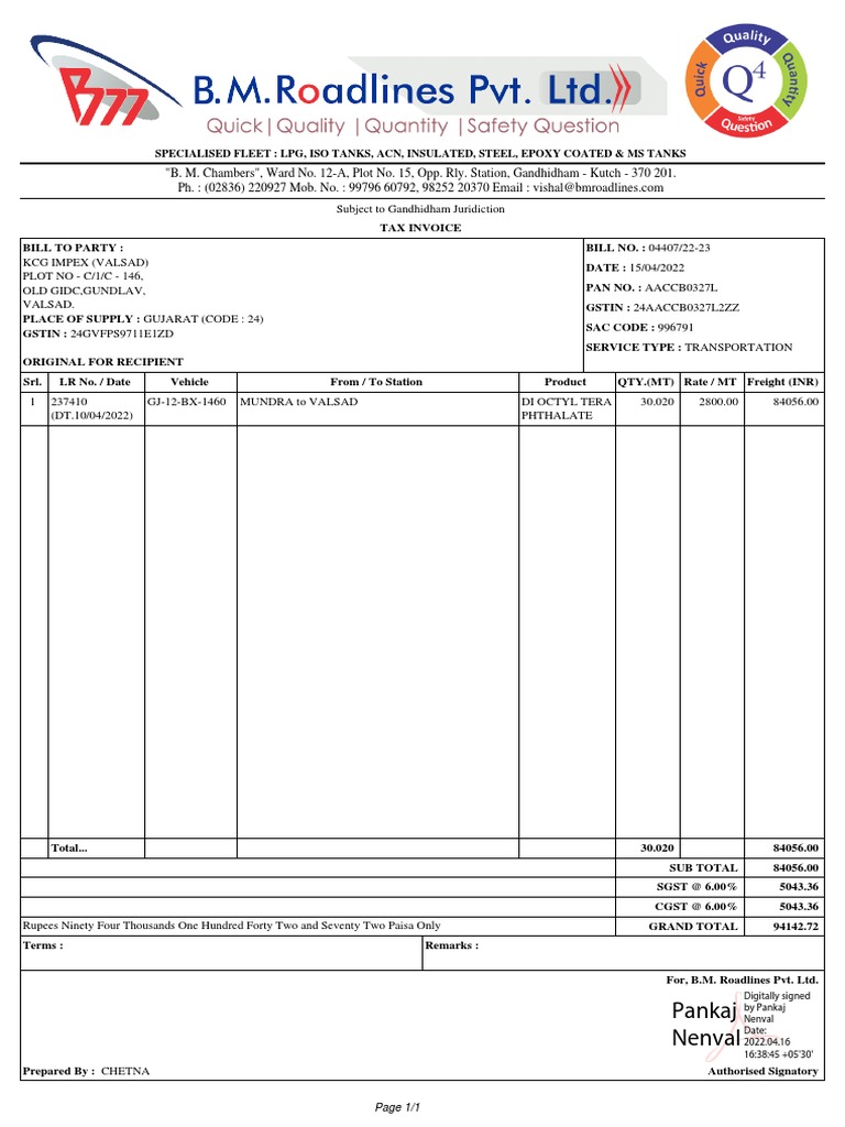 B.M. Roadlines Transportation Invoice | PDF | Economy Of India