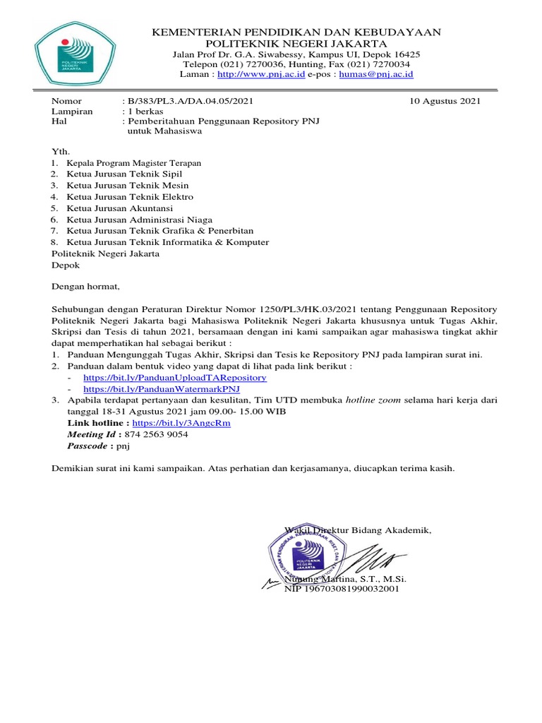383 Surat Pemberitahuan Perdir TTG Penggunaan Repository PNJ Bagi ...