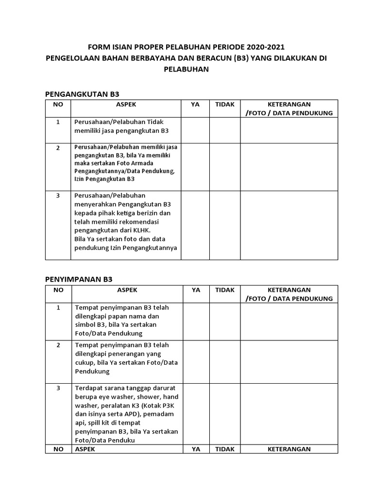 3b-Form Isian Pengelolaan B3 Proper Pelabuhan 2020-2021 | PDF
