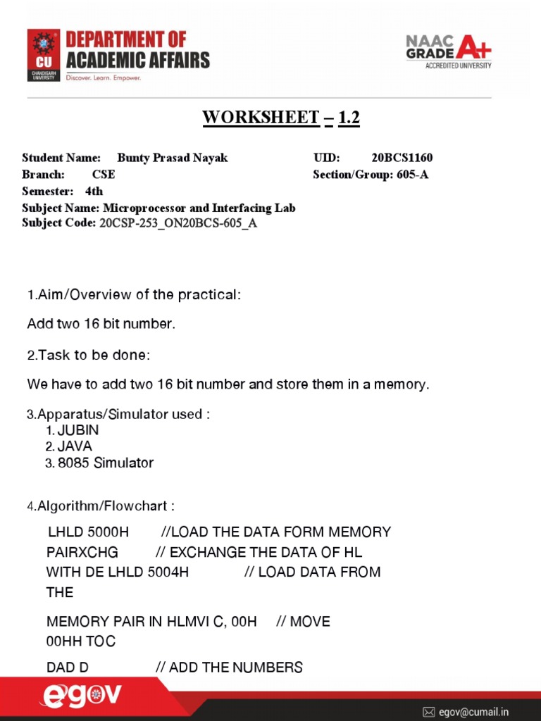 Worksheet - 1.2: Microprocessor and Interfacing Lab | PDF