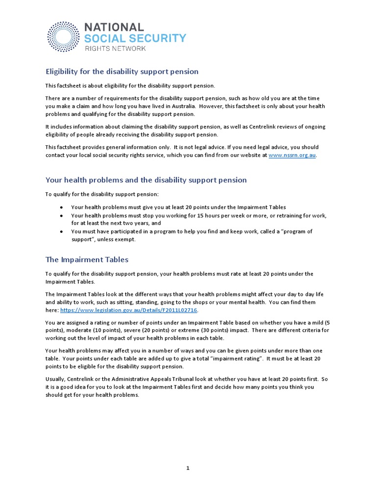 Disability Support Pension Eligibility Guide | PDF | Disability ...