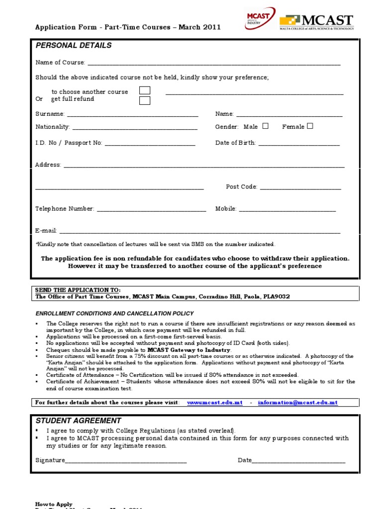 MCAST Part-Time Course Application Form | PDF | Identity Document ...