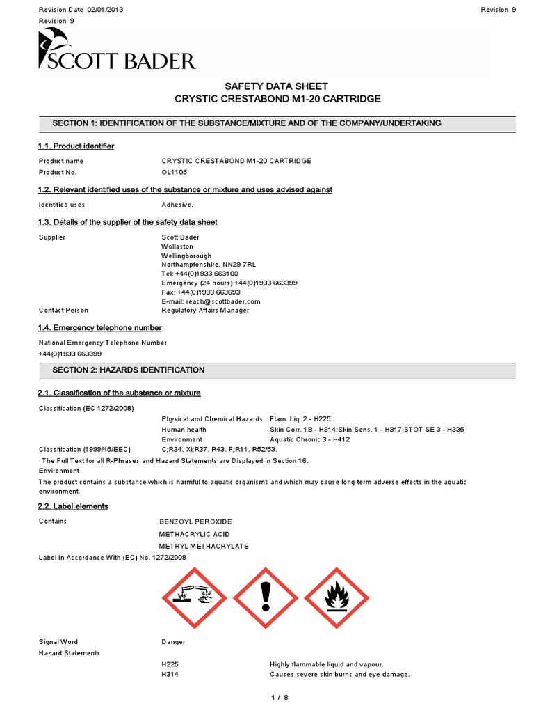 Safety Data Sheet Crystic Crestabond M1 20 Cartridge PDF