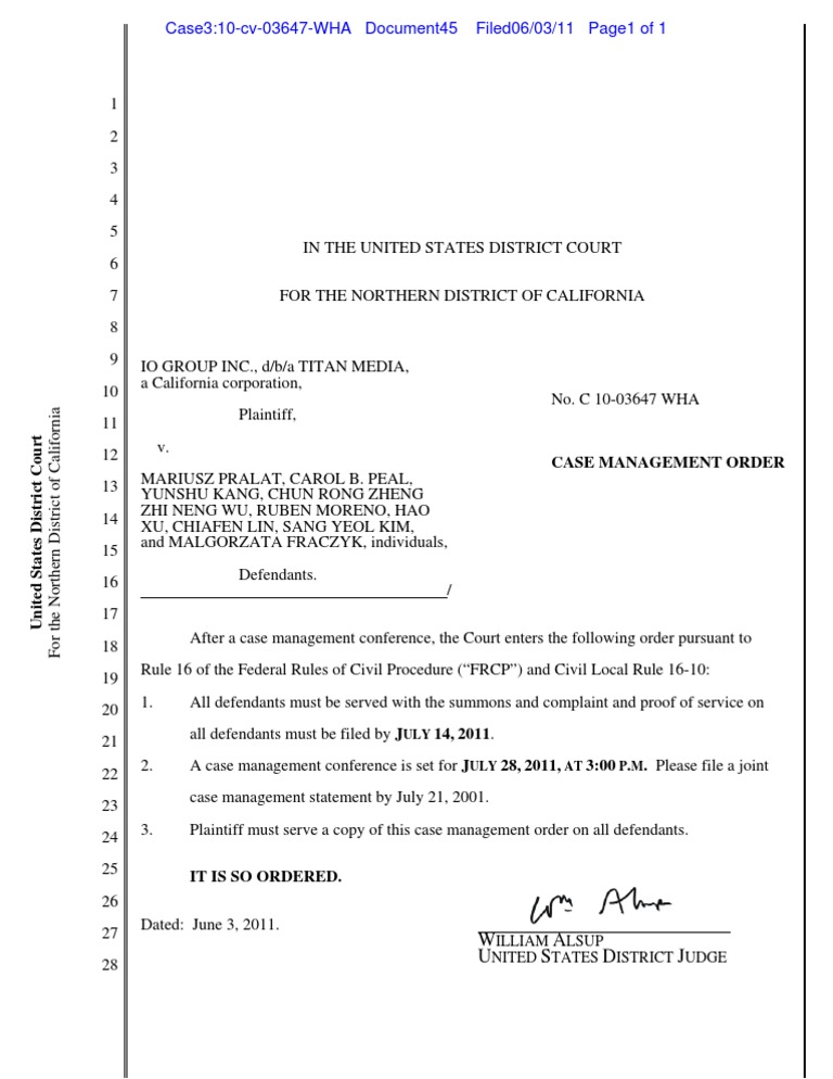310-Cv-03647-WHA Docket 45 Case Management Order | PDF | Complaint ...