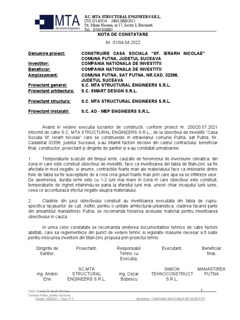 Nota de Constatare-Casa Sociala - Putna | PDF