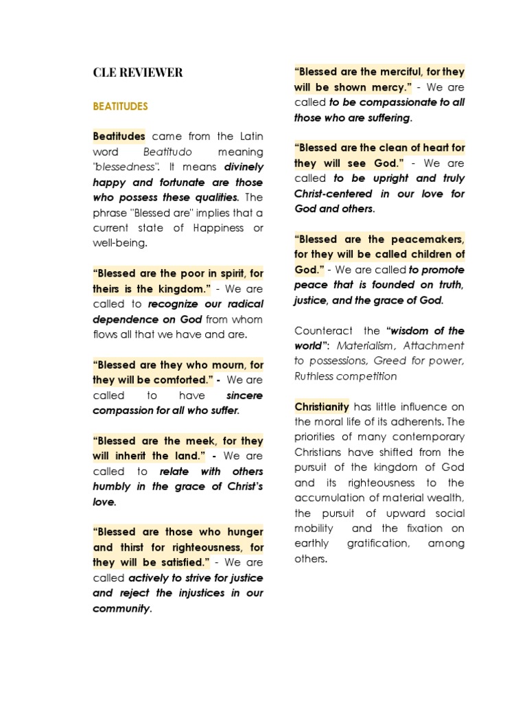 Cle Reviewer | PDF | Catholic Church | Beatitudes