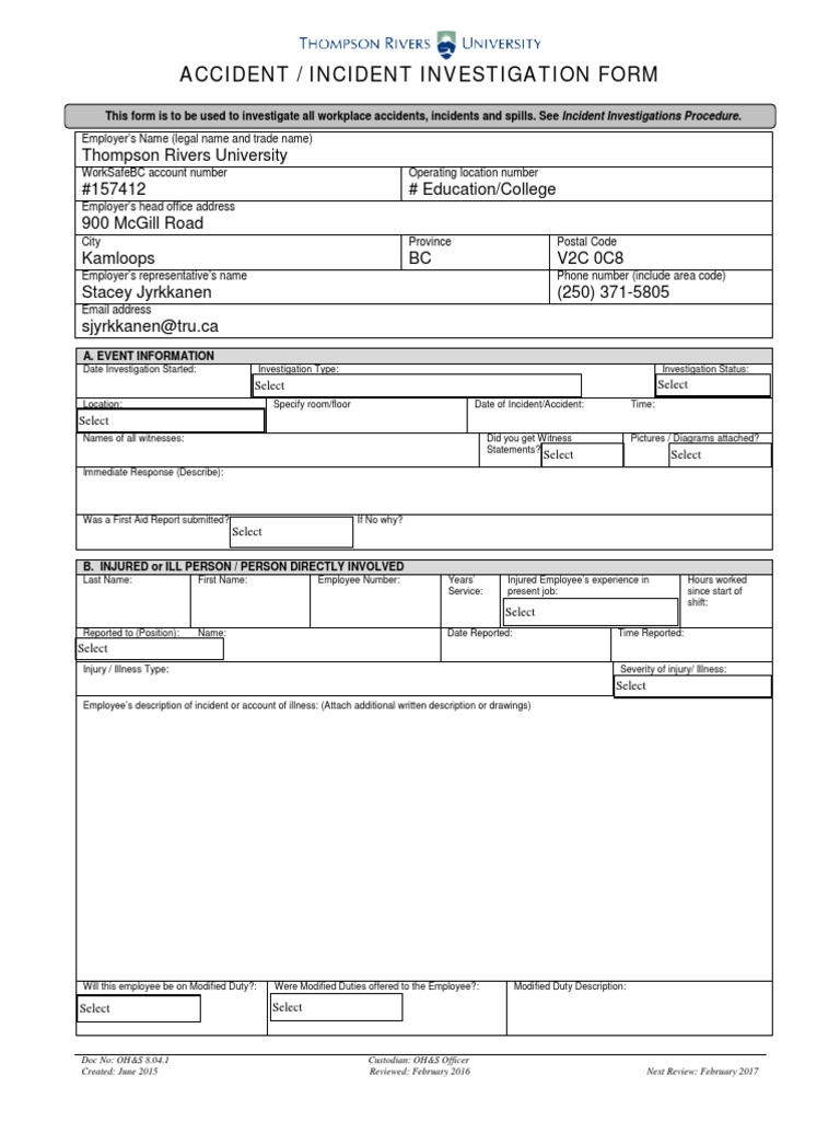 Workplace Accident Investigation Form | PDF | Personal Protective ...