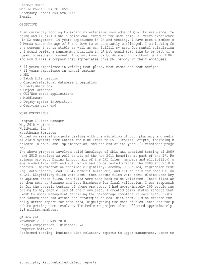 QA Manager, IT Program Test Manager, QA Architect, QA Test Lead PDF