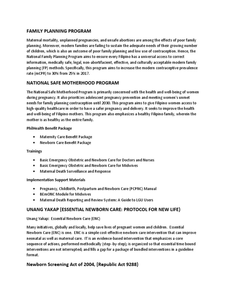 Policies, Laws and Other DOH Programs On Maternal and Child Care | PDF