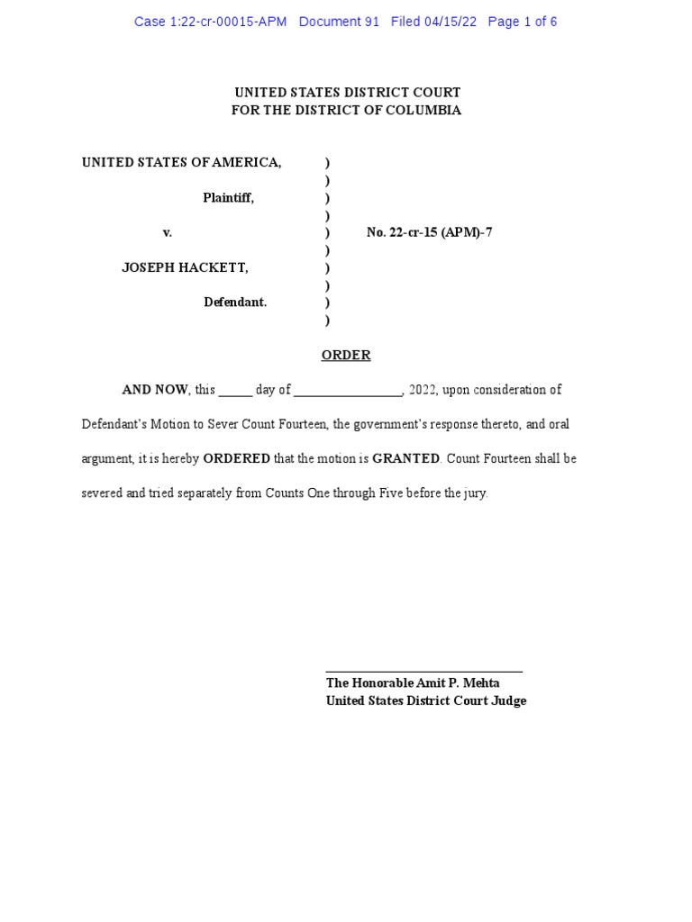 Hacketts Motion To Sever Tampering From Conspiracy Charges 1 To 4 PDF