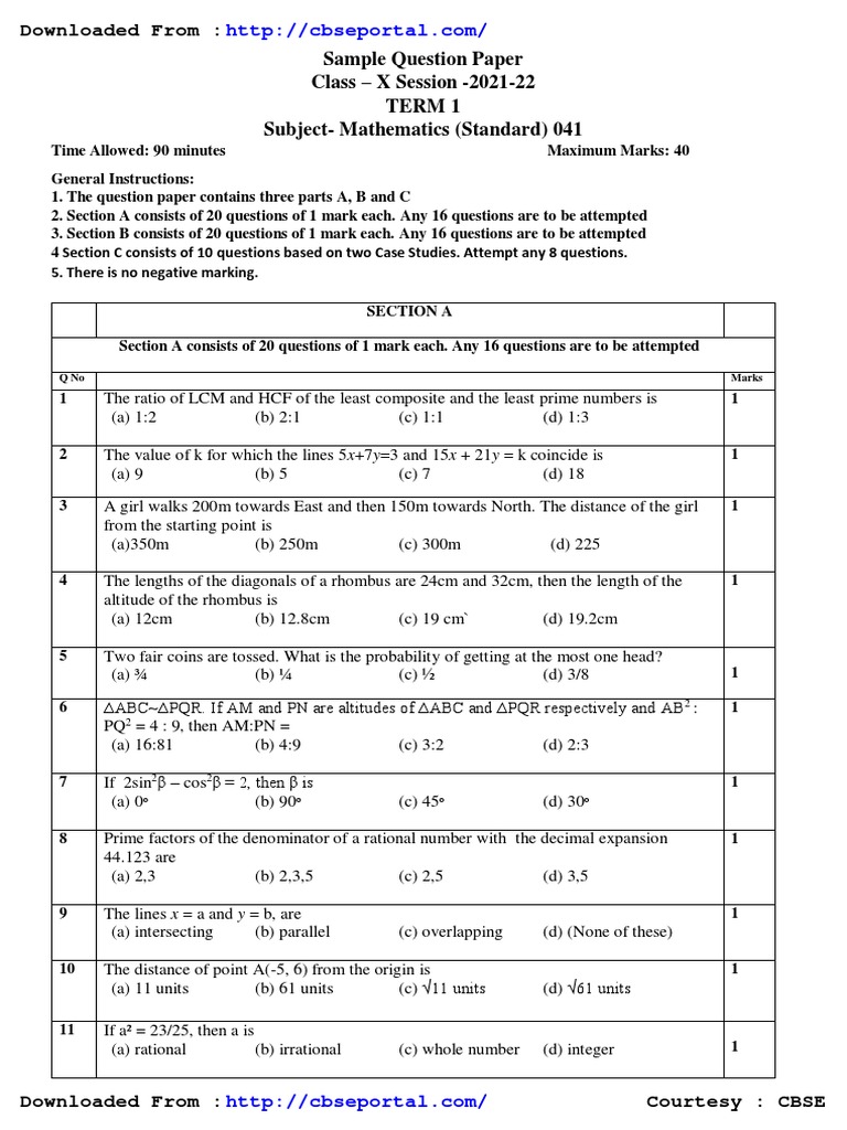 Class 10 Maths Sample Paper 2021-22 | PDF | Triangle | Area