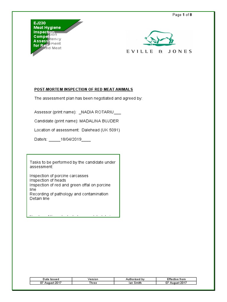 EJ230 Meat Hygiene Inspection Competency Assessment For Red Meat | PDF ...