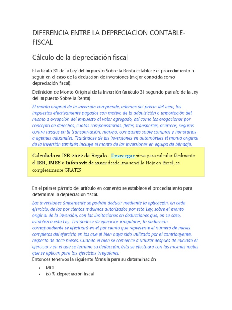 Monto Original en Depreciación Fiscal | PDF | Depreciación | Impuesto ...