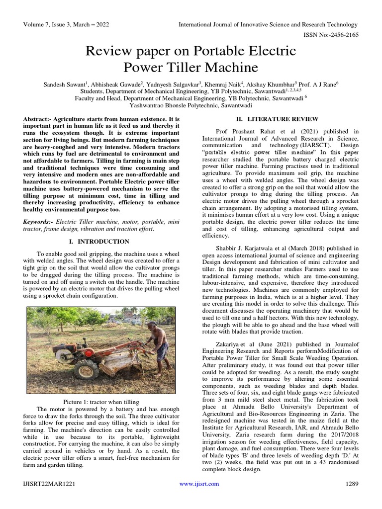 Review Paper On Portable Electric Power Tiller Machine Pdf Machines