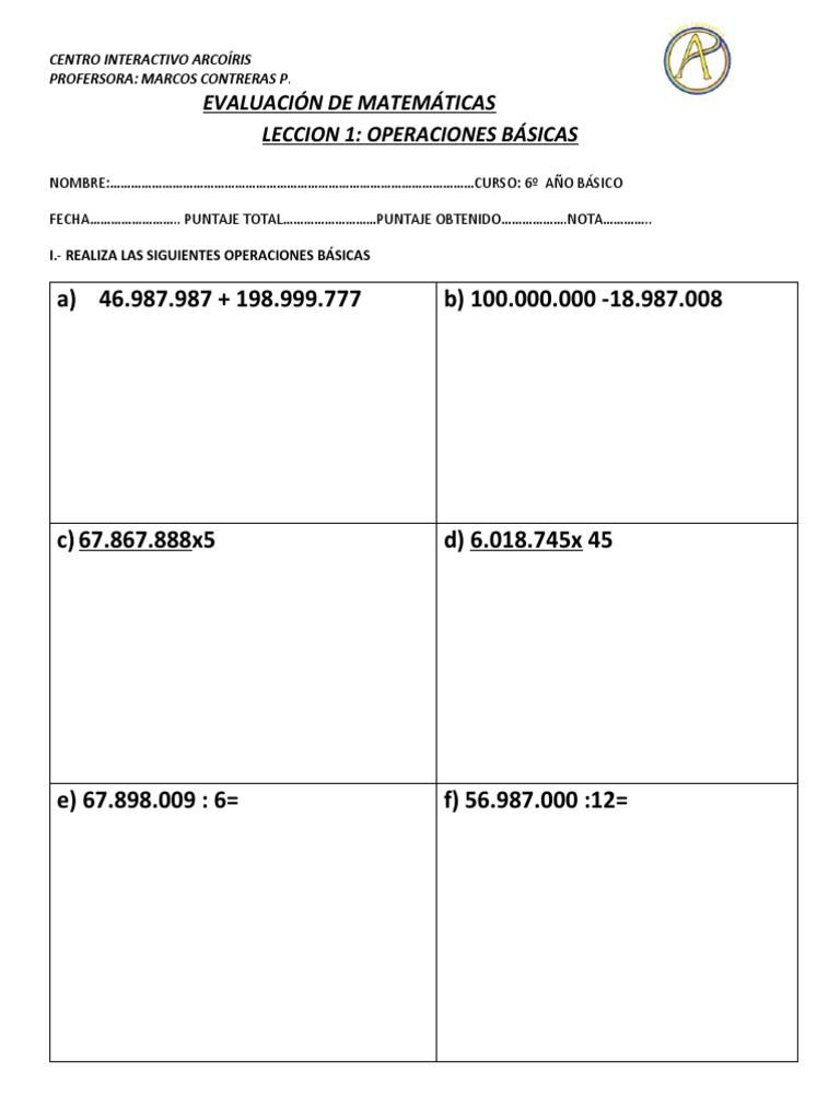 EVALUACIÓN DE MATEMÁTICAS. Leccion 1 Operaciones Basicas | PDF