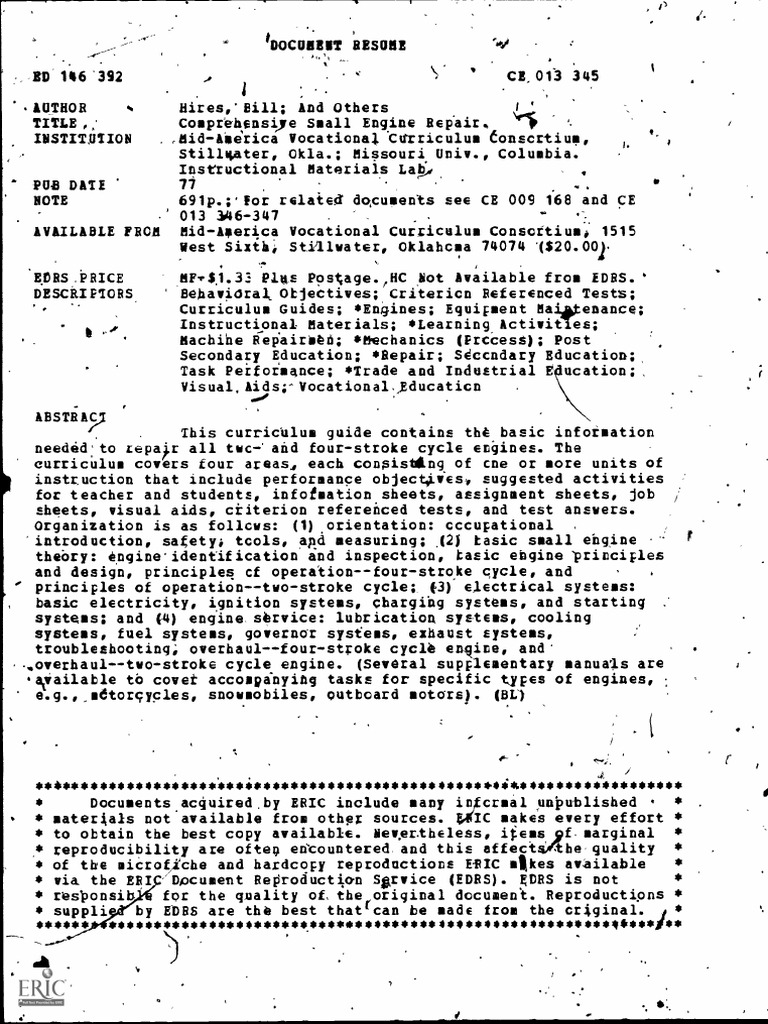 Comprehensive Small Engine Repair PDF Teachers Curriculum