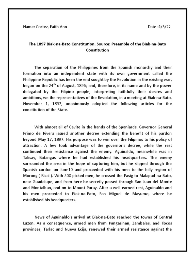 The 1897 Biak Na Bato Constitution PDF Government