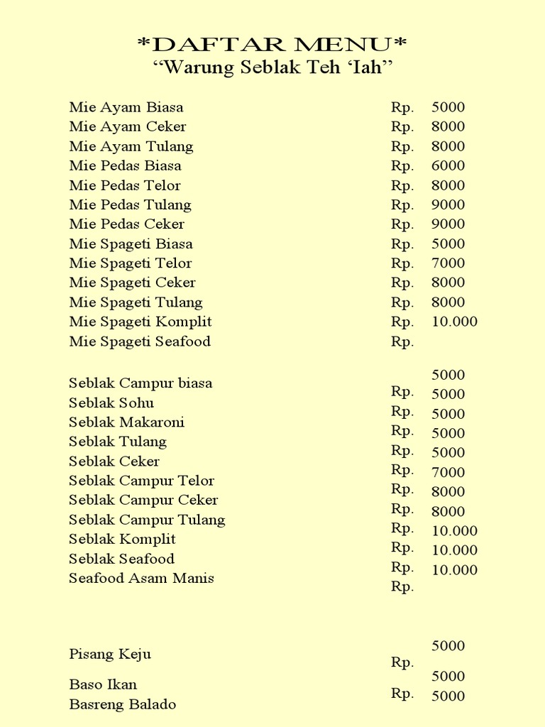 Menu Warung Seblak Teh 'Iah' Jogja | PDF