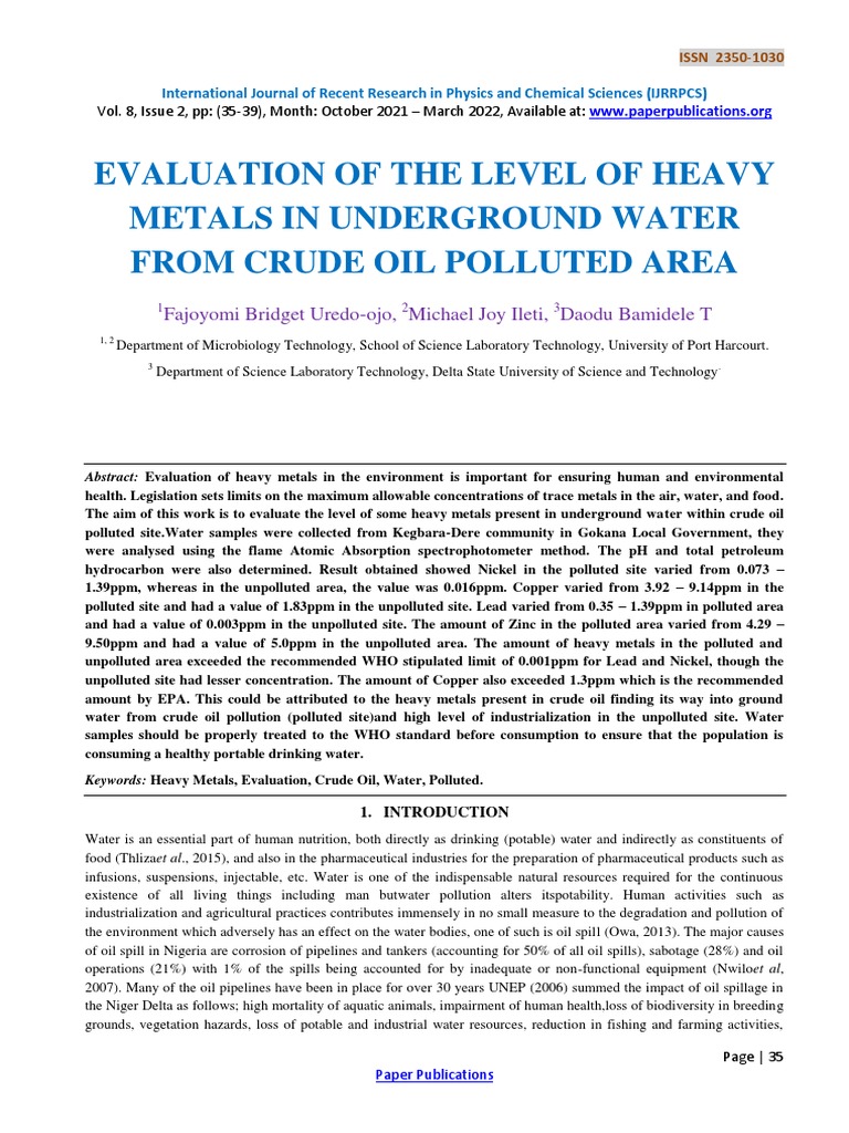 Heavy Metals in Crude Oil Polluted Water | PDF | Water | Pollution