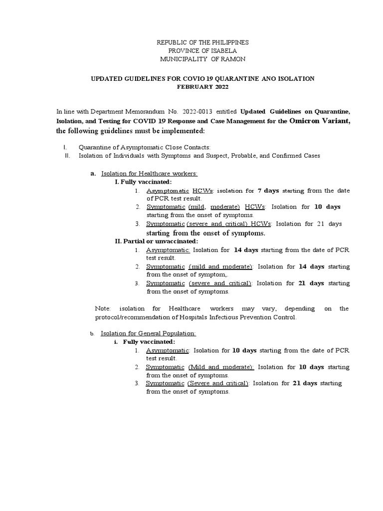 COVID-19 Quarantine and Isolation Guidelines | PDF | Pneumonia | Employment