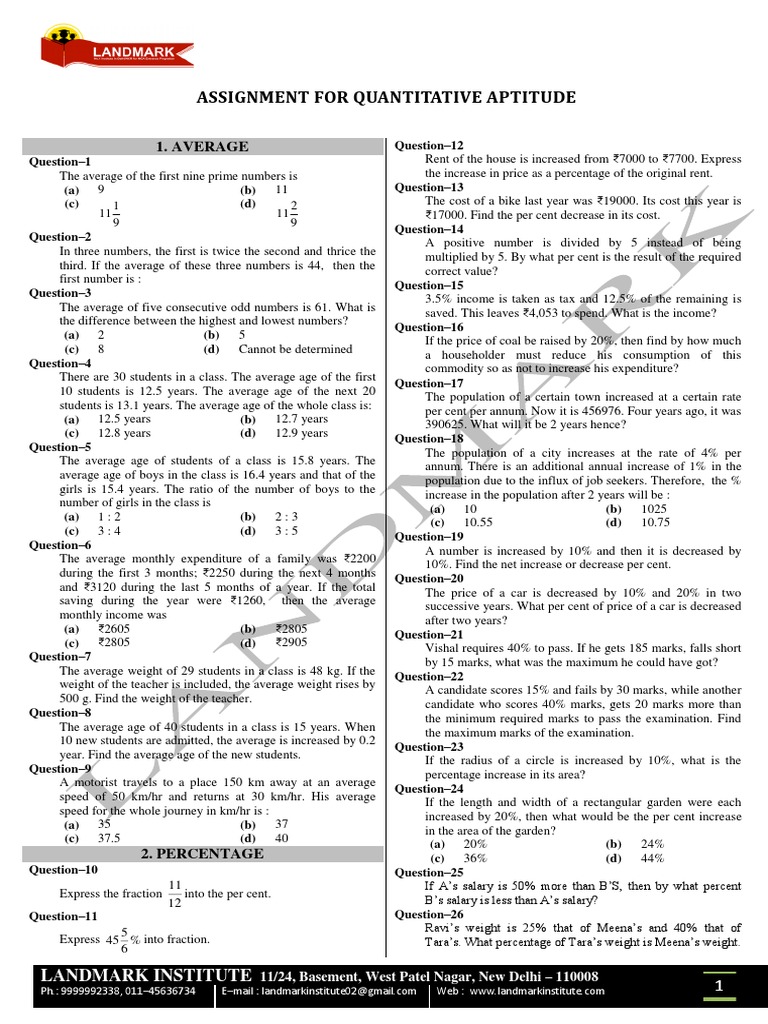 Assignment For Quantitative Aptitude | PDF | Interest | Percentage