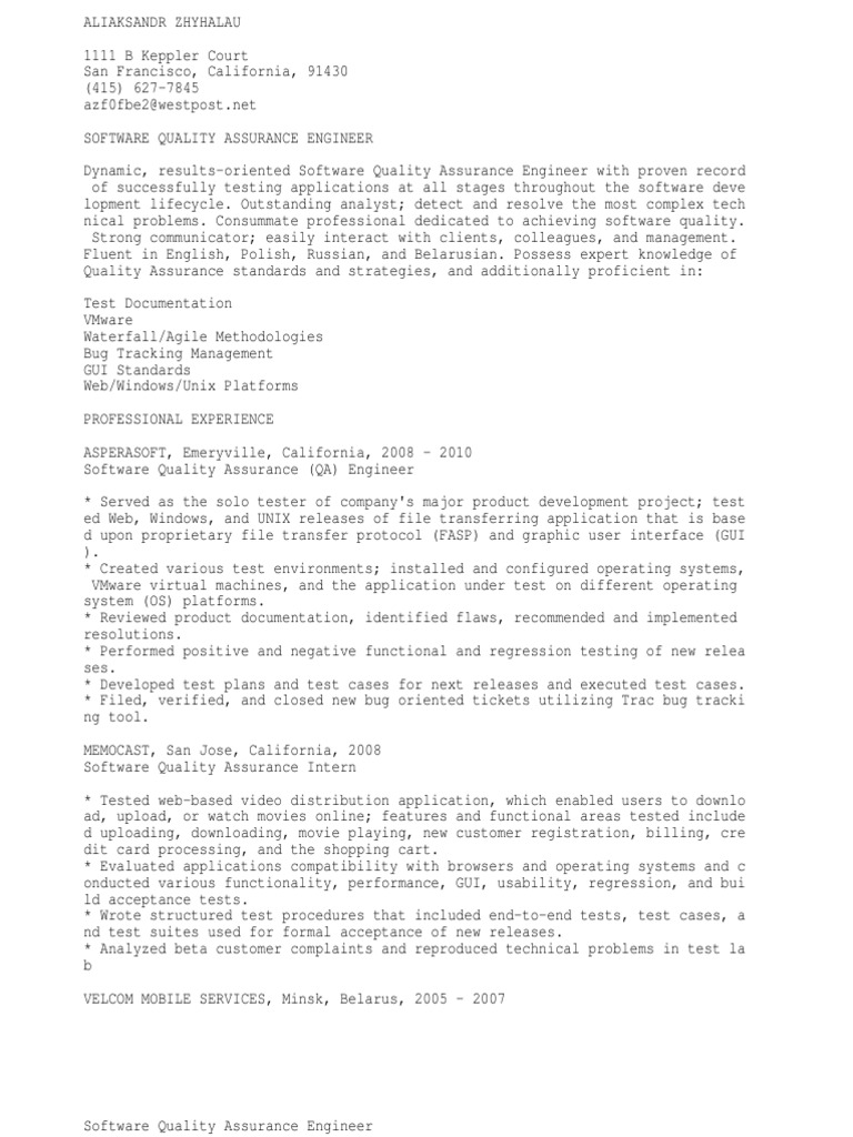 Software QA Engineer PDF Operating System Graphical User Interfaces