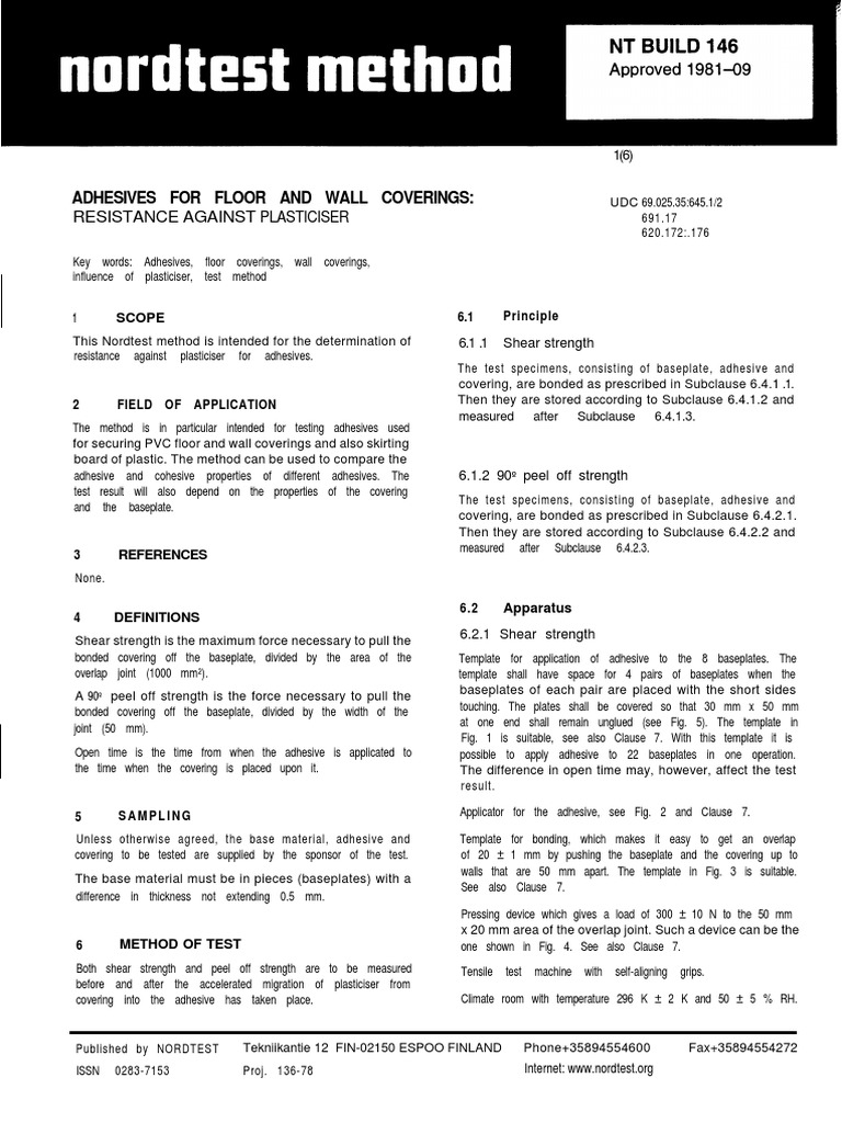 NT Build 146 Adhesives For Floor and Wall Coverings Resistance