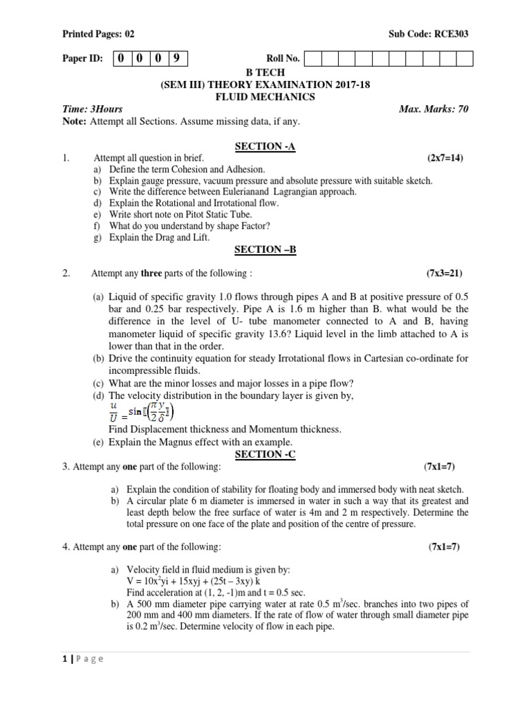 Fluid Mechanics Rce 303 | PDF | Fluid Dynamics | Pressure