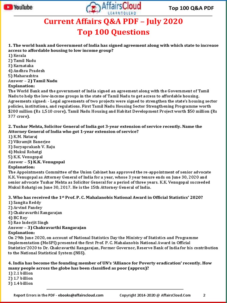 Current Affairs Q&A PDF - July 2020 Top 100 Questions | PDF | Qatar ...