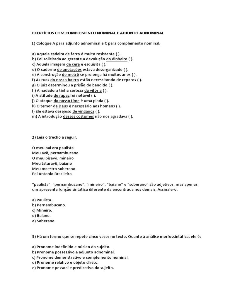 Exercícios Com Complemento Nominal e Adjunto Adnominal | PDF | Pronome ...