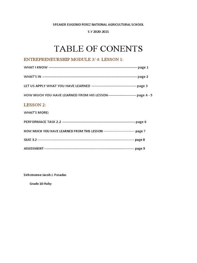 Table of Conents: Entrepreneurship Module 3/ 4: Lesson 1 | PDF ...