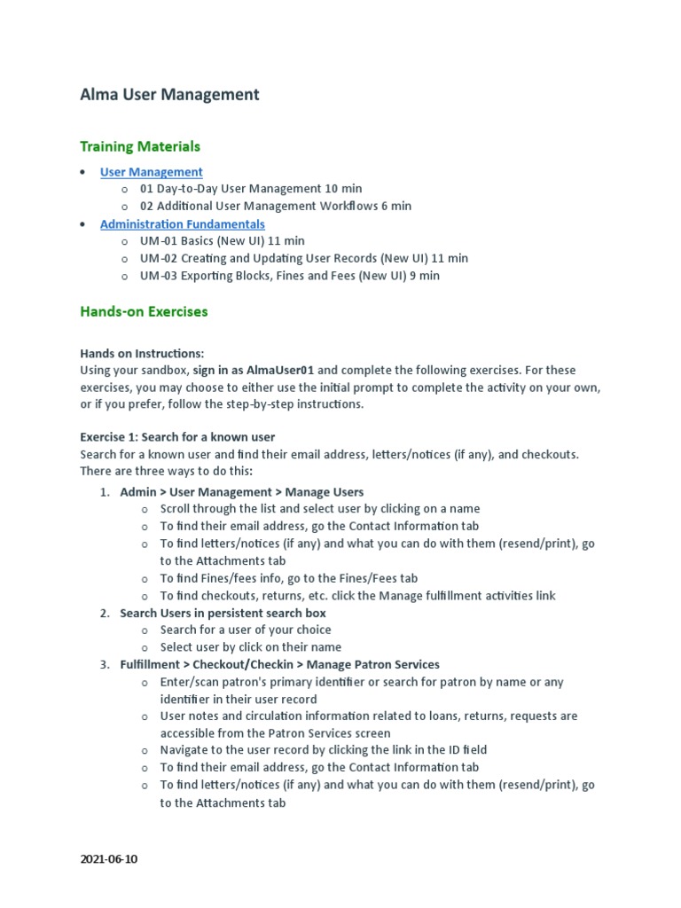 Alma User Management | PDF | Password | Menu (Computing)