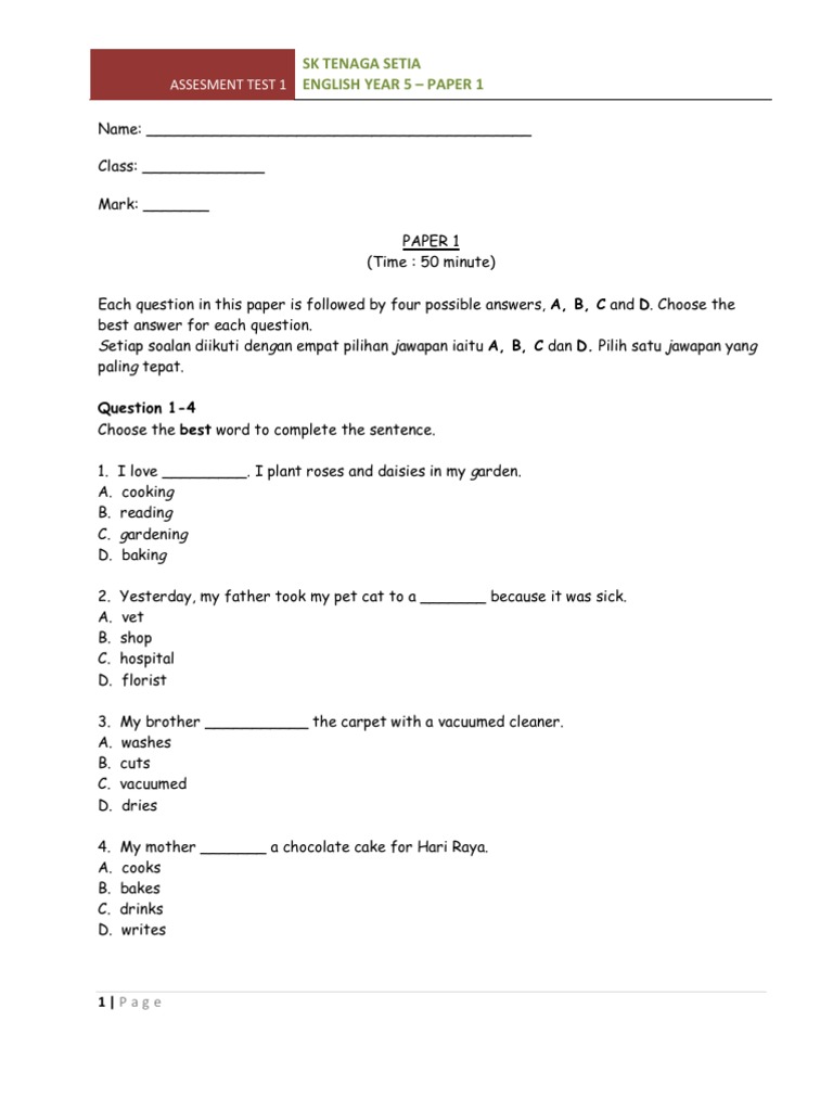 Assesment Test 1- Year 5 Paper 1