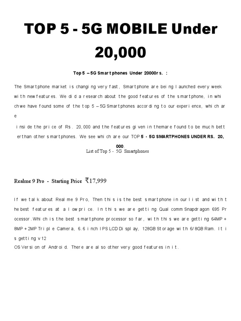 TOP 5 5G MOBILE Under 20,000 PDF Computer Hardware Consumer