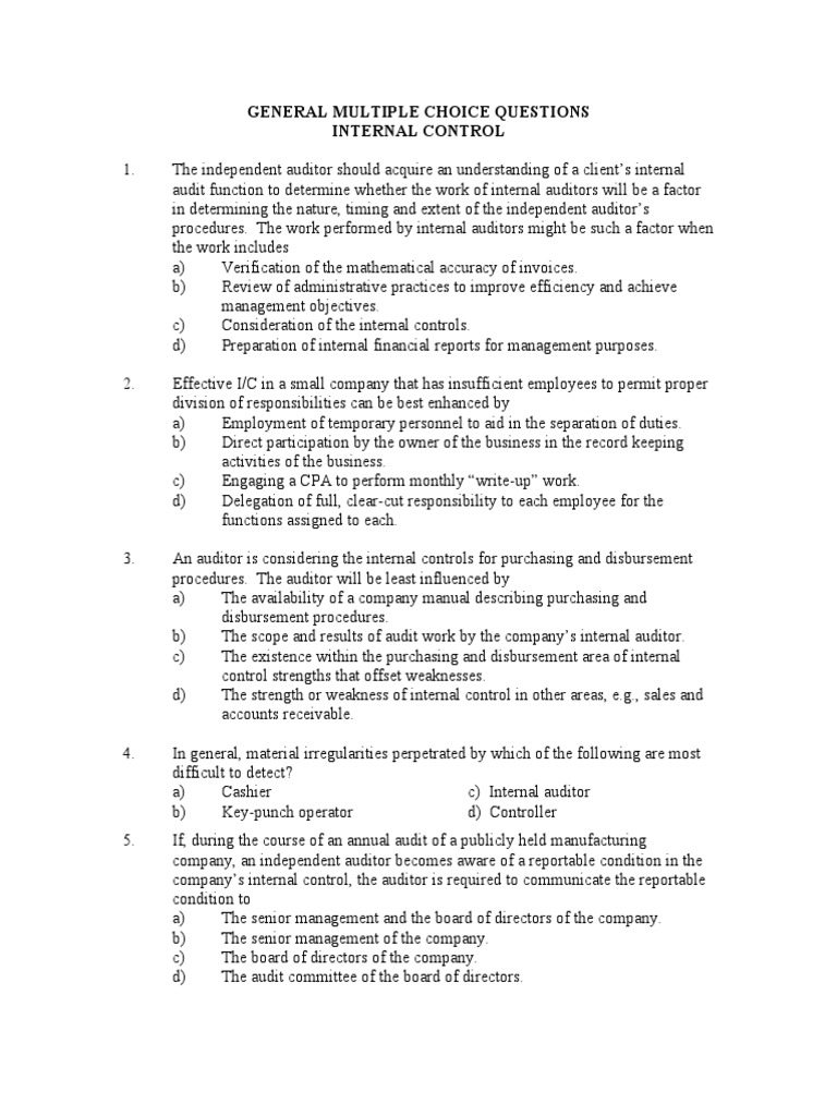 Internal Control Audit Questions Guide | PDF | Internal Control | Audit