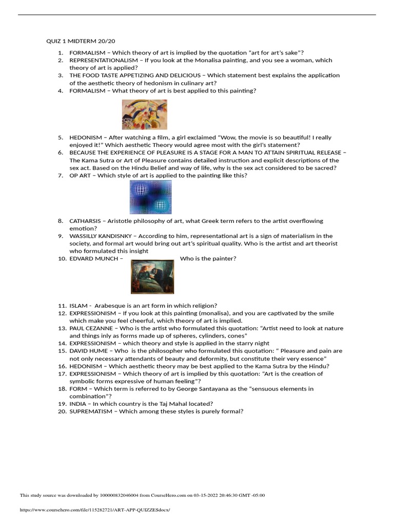 Art App Quizzes Docx1 PDF Aesthetics Paintings