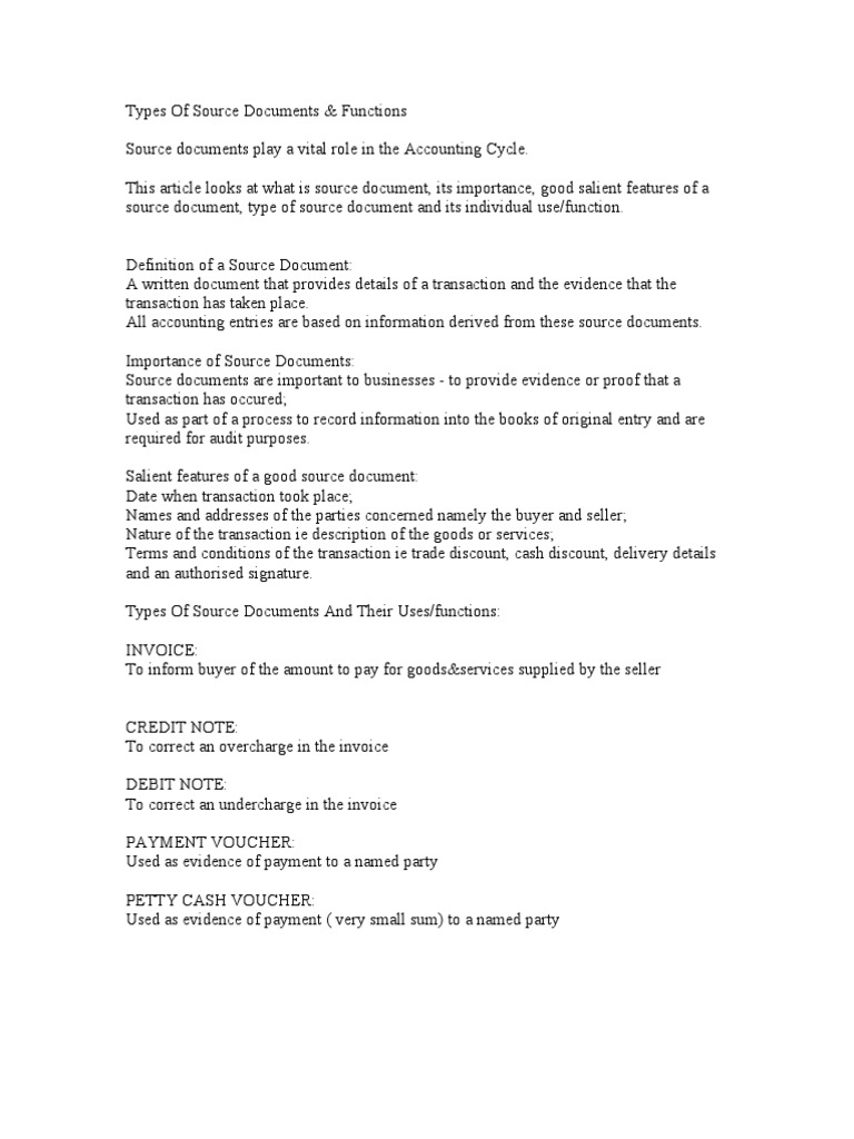 Types of Source Documents Debits And Credits Cheque