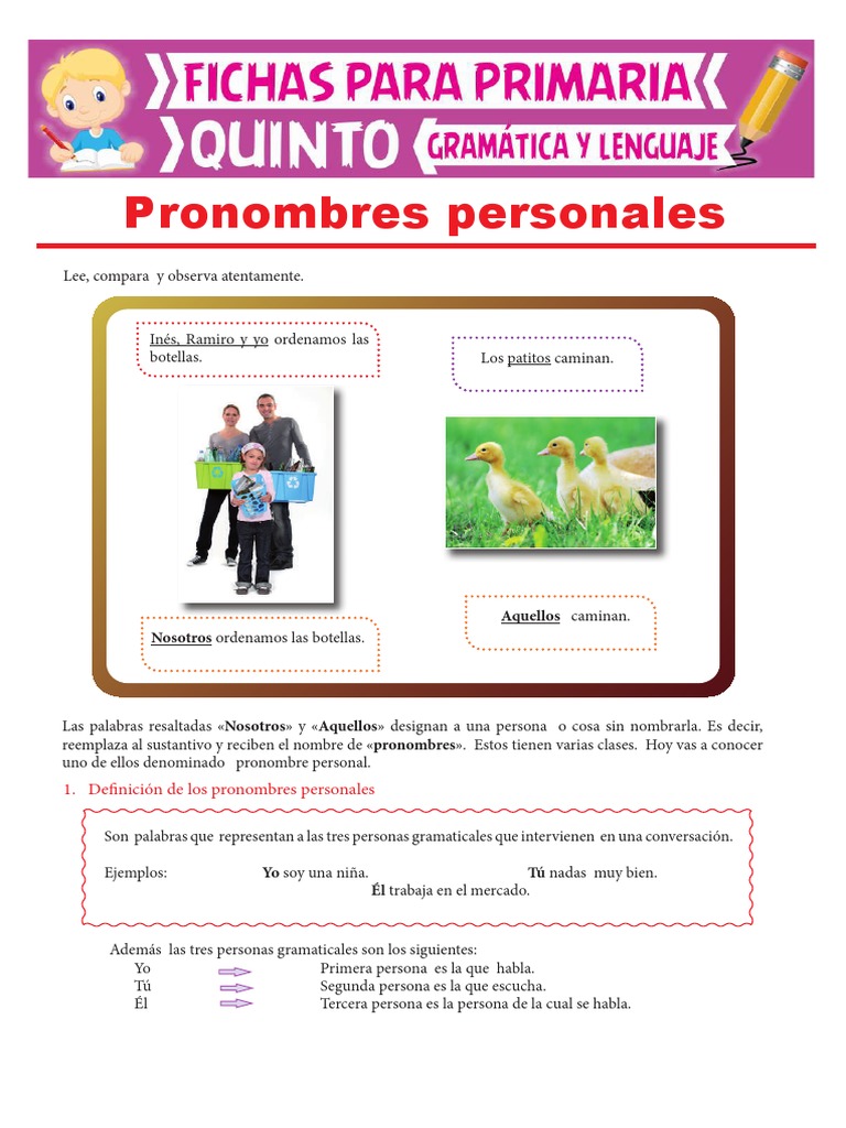 Accidentes Gramaticales de Los Pronombres Personales para Quinto Grado ...