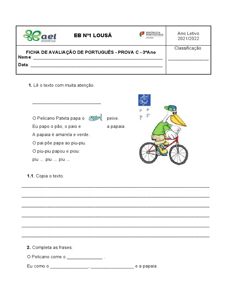 Ficha de Avaliação de Português 3º Ano | PDF | Artes Linguísticas e ...
