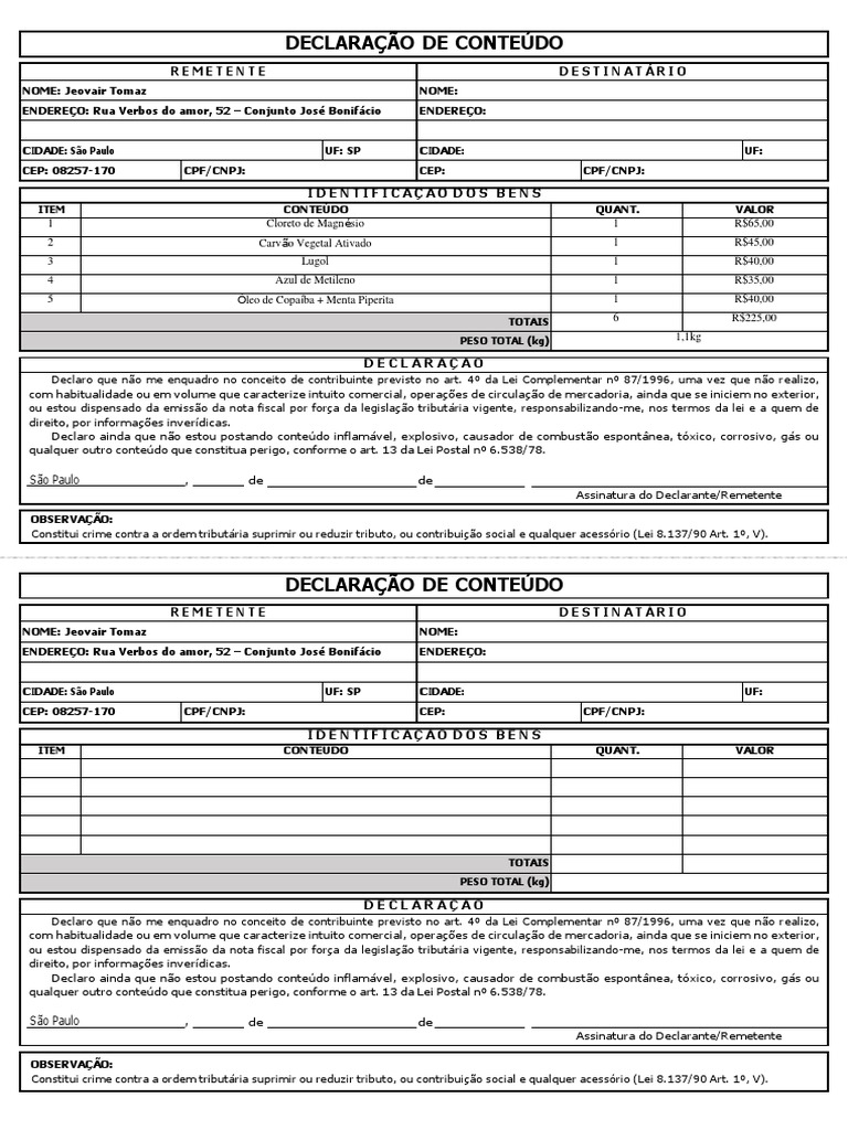 Formulario Declaracao de Conteudo | PDF | Recibo | Governo