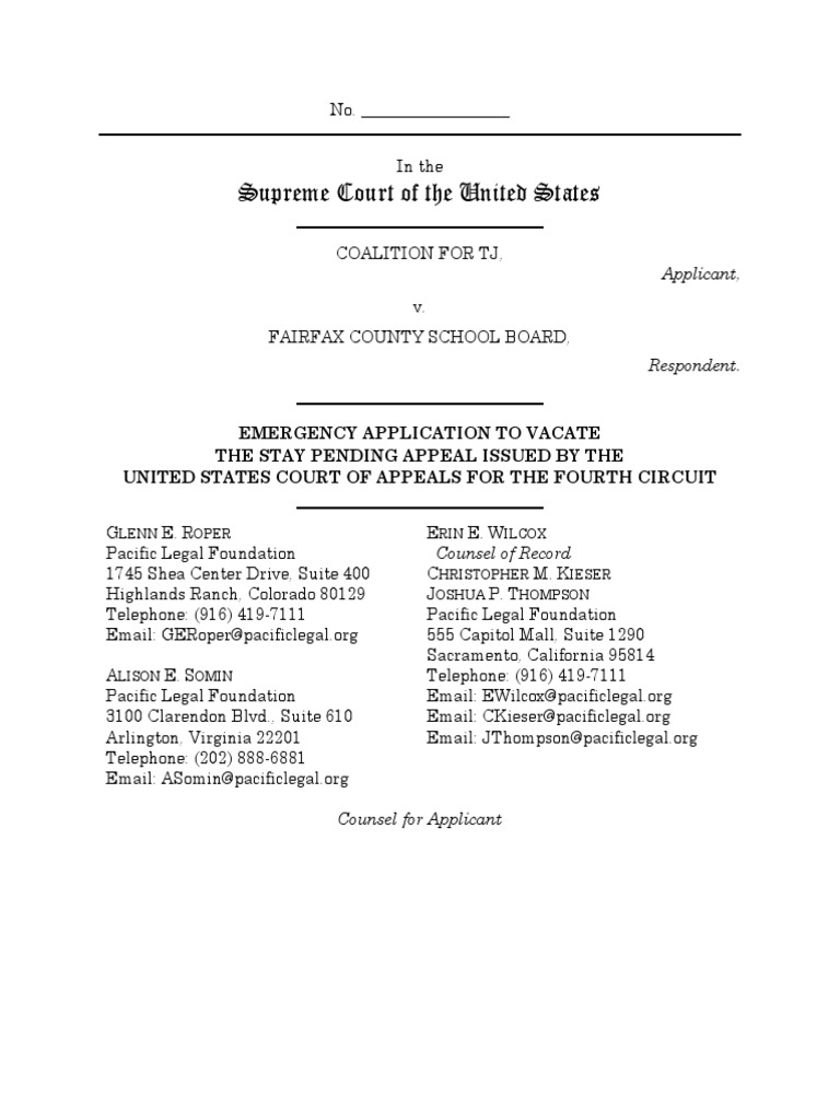 Coalition for tj v fairfax county school board application to vacate