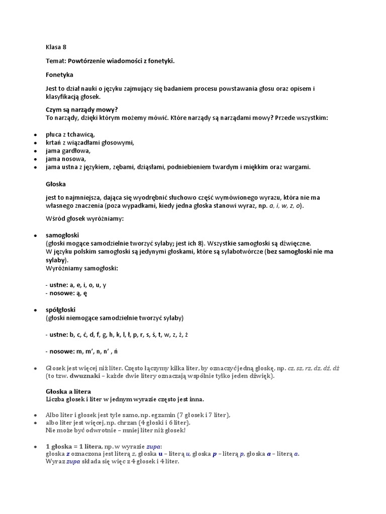 Test Z Fonetyki Klasa 8 Powtórzenie Z Fonetyki Klasa 8 | PDF