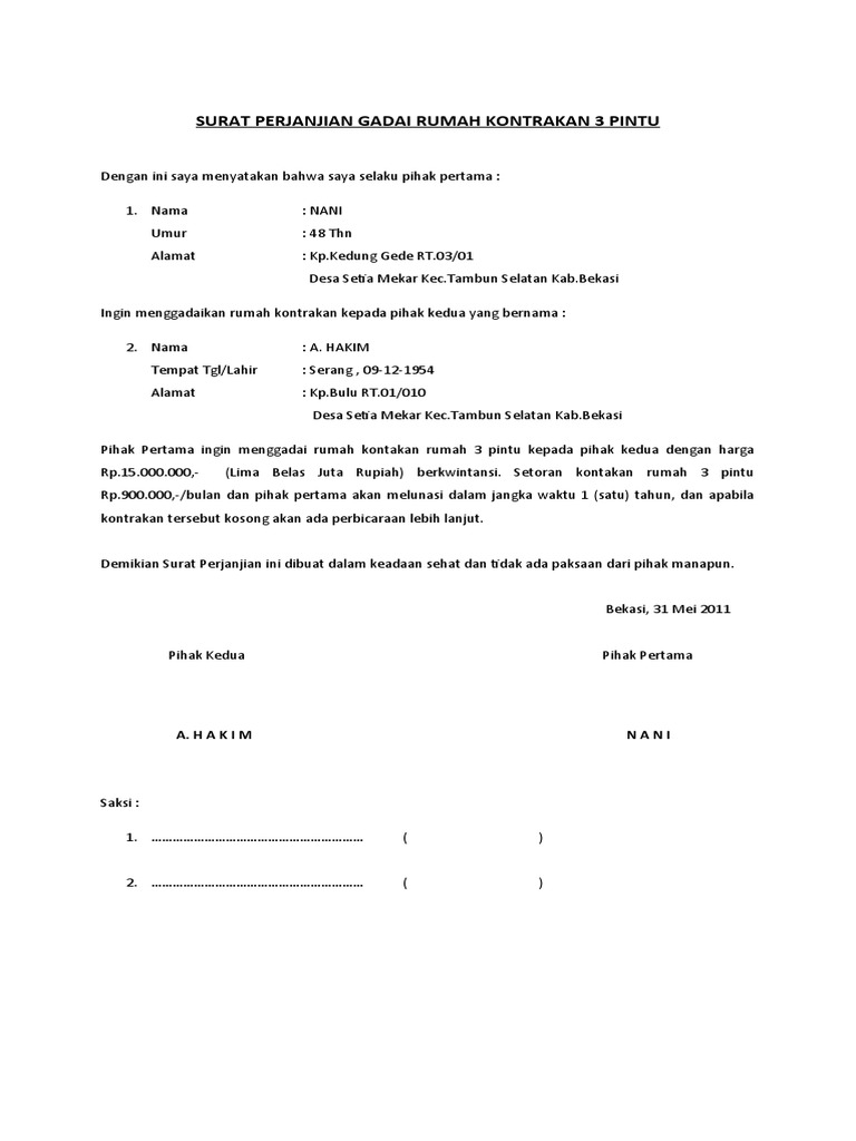 Surat Perjanjian Gadai Rumah Kontrakan 3 Tu Pdf