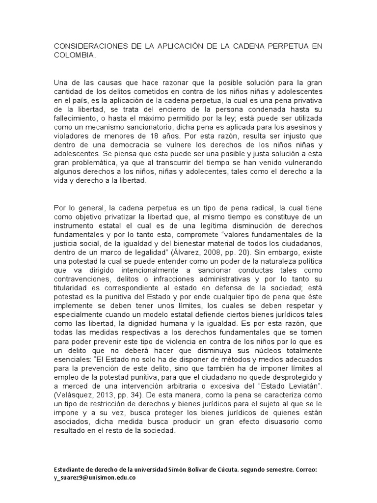 Consideraciones de La Aplicación de La Cadena Perpetua en Colombia
