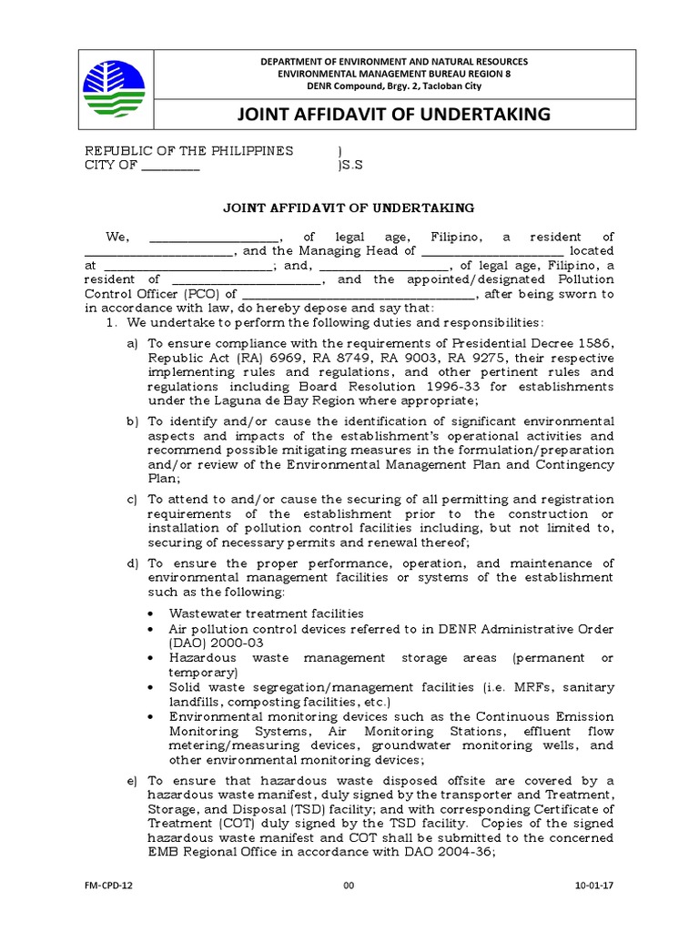 Joint Affidavit Of Undertaking Denr Emb
